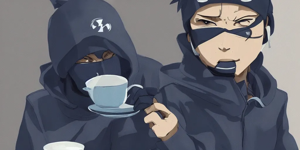 Prompt: kakashi from naruto wearing headphones and a navy blue hoody having tea at a tea shop in toyko, aesthetic, digital painting, artstation, highly detailed, 4 k