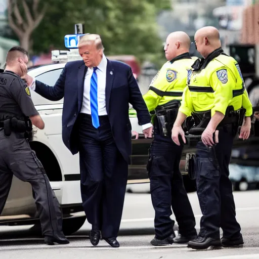 Prompt: candid ap press photo of president trump in handcuffs being arrested by fbi agents, escorting him into a police car, 3 5 mm lens, highly detailed portrait, 4 k uhd, sony camera, f / 2 2