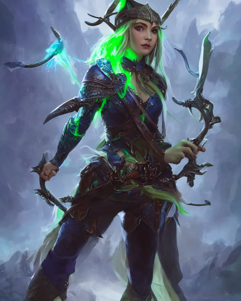 Image similar to portrait of a fantasy half - elf girl with green and blue balayage hair, holding a flintlock pistol, rapier on side, elven clothing, thigh high boots, glowing aura, 4 k, matte painting, greg rutkowski, artstation, concept art