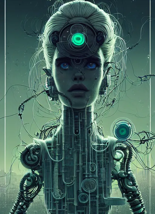 Image similar to highly detailed portrait of a biopunk long curly white hair tribal lady, stray wiring by atey ghailan, james gilleard, by joe fenton, by greg rutkowski, by greg tocchini, by kaethe butcher, 4 k resolution, gradient green, black and white color scheme!!! ( ( irradiated robotic dystopian city background ) )