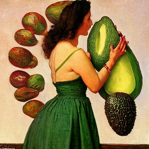 Image similar to The Goddess of Avocados. A painting by Norman Rockwell.