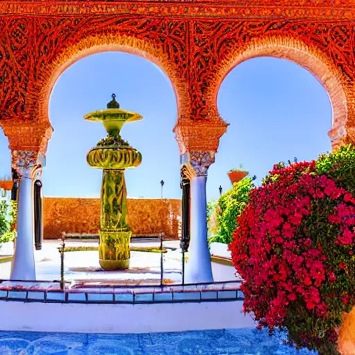 Image similar to surrealist andalusian patio with white tall arches, beautiful roses flowers and ropes on the walls, fountain inside, sunny vivid light, colorful composition, photographic details wide lens, intricate details