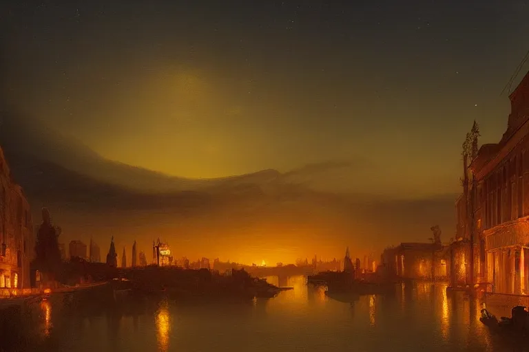 Prompt: a beautiful oil painting of a renaissance city in a serene landscape at night under the horizon line in the upper third by john howe and albert bierstadt and alena aenami and dan mumford and dave noton, unreal engine, trending on behance