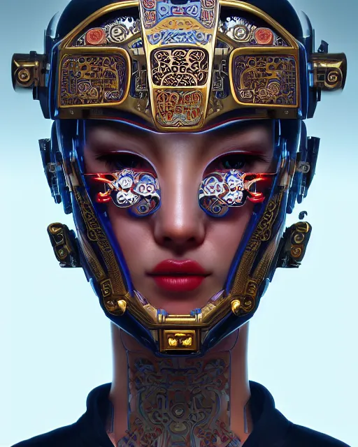 Image similar to portrait of a cyberpunk machine, machine face, upper half portrait, decorated with chinese opera motifs, asian, fine china, traditional chinese art, intricate, elegant, highly detailed, symmetry, headpiece, digital painting, artstation, concept art, smooth, sharp focus, illustration, art by artgerm and greg rutkowski and alphonse mucha, 8 k