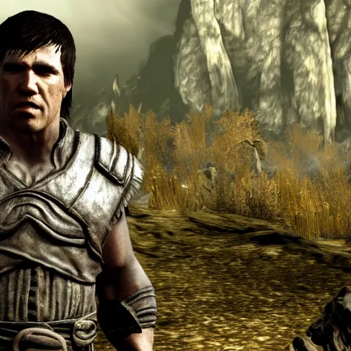 Prompt: character screenshot of chael sonnen, npc, skyrim, wilderness, 1 0 8 0 p, bokeh, elder scrolls v, detailed, dialog