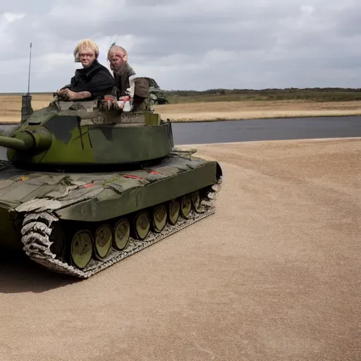 Prompt: Medium shot photograph of Boris Johnson inside a tiger tank, 4k, ultra HD