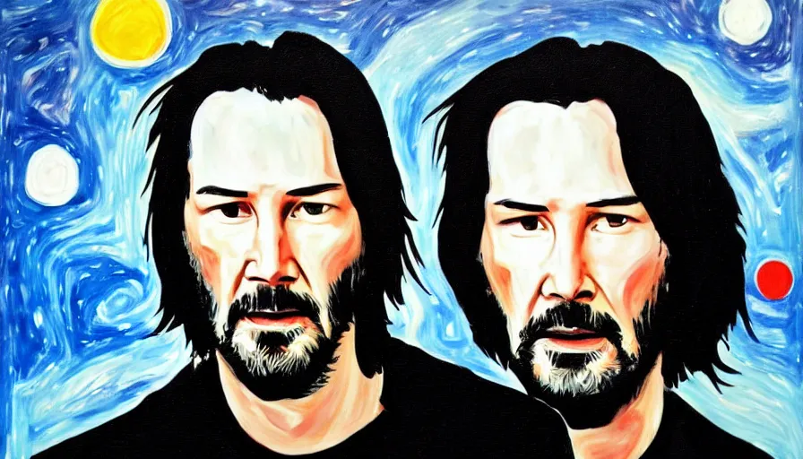 Image similar to Keanu reeves floating in space with a distressed look on his face, acrylic paint on canvas,