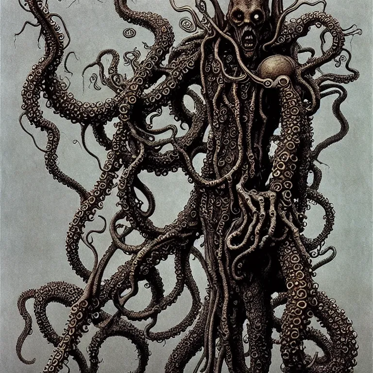 Prompt: A detailed semihuman with tentacles growing out of his head and with armored joints stands with a pebble in hands and toes. Wearing a mantle. Extremely high details, realistic, fantasy art, solo, masterpiece, ripped flesh, art by Zdzisław Beksiński, Arthur Rackham, Dariusz Zawadzki