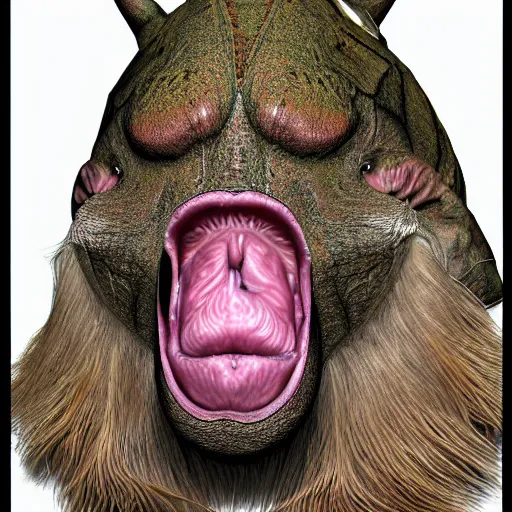 Image similar to a high resolution photo of a head animal morphing creature, long hair gills morph scales merged in fur skin, wrinkled hairy muscles skin, veins merged feet head, normal map, displacement map, distorted animal head face eyes arms tail, reflection map,