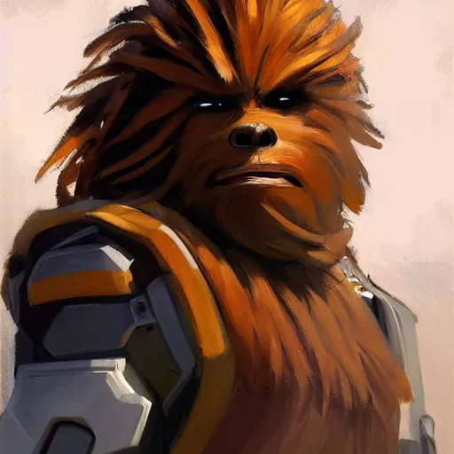 Image similar to greg manchess portrait painting of chewbacca as overwatch character, medium shot, asymmetrical, profile picture, organic painting, sunny day, matte painting, bold shapes, hard edges, street art, trending on artstation, by huang guangjian and gil elvgren and sachin teng