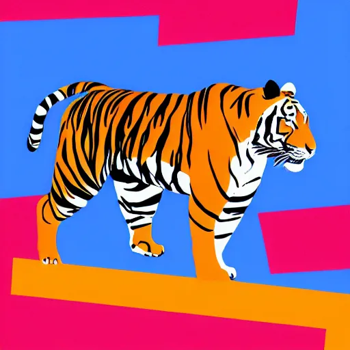 Image similar to tiger walking with backdrop showing the sky, palm tres. the tiger has sharp claws and teeth. in minimal colourful geometric illustration style digital painting