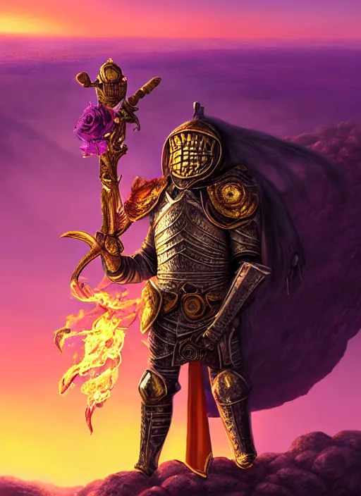 Image similar to a knight in armor decorated with roses and gold holds a flaming sword on a cliff as he watches a violet sunrise on an alien planet. by Ciryl Rolando, hyperrealistic illustration, digital art, studio lightning, very detailed faces