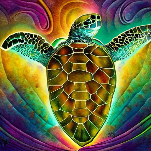 Image similar to sea turtle with intricate patterned luminescent shell in the style of android jones detailed 4 k painting