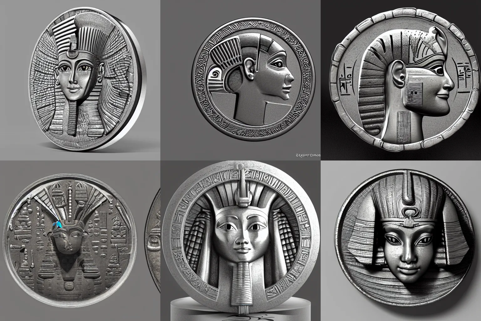 Prompt: Old silver coin with many ornaments from ancient Egypt, Sphinx in the middle of the coin, highly detailed, concept art, 4k, artstation, cgsociety, octane render.