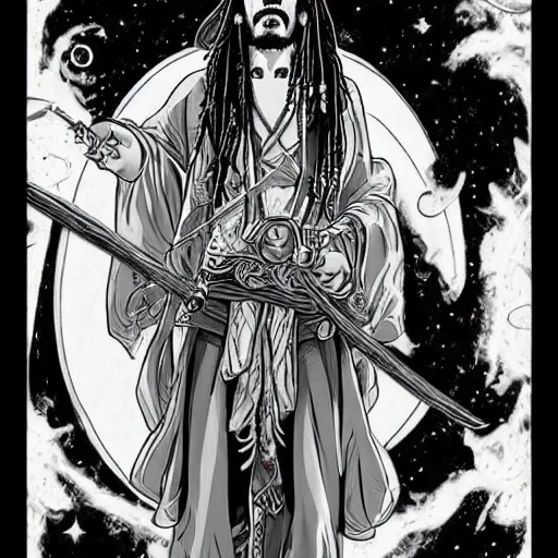 Prompt: black and white pen and ink!!!!!!! Jack Sparrow wearing cosmic space robes made of stars final form flowing royal!!! mage hair golden!!!! Vagabond!!!!!!!! floating magic swordsman!!!! glides through a beautiful!!!!!!! Camellia!!!! Tsubaki!!! death-flower!!!! battlefield behind!!!! dramatic esoteric!!!!!! Long hair flowing dancing illustrated in high detail!!!!!!!! by Moebius and Hiroya Oku!!!!!!!!! graphic novel published on 2049 award winning!!!! full body portrait!!!!! action exposition manga panel black and white Shonen Jump issue by David Lynch eraserhead and beautiful line art Hirohiko Araki!! Tite Kubo!!!!!, Kentaro Miura!, Jojo's Bizzare Adventure!!!!