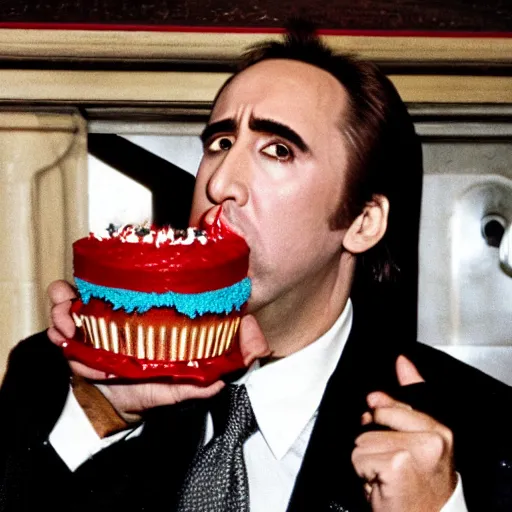 Image similar to nicholas cage holding a birthday cake, vampire's kiss