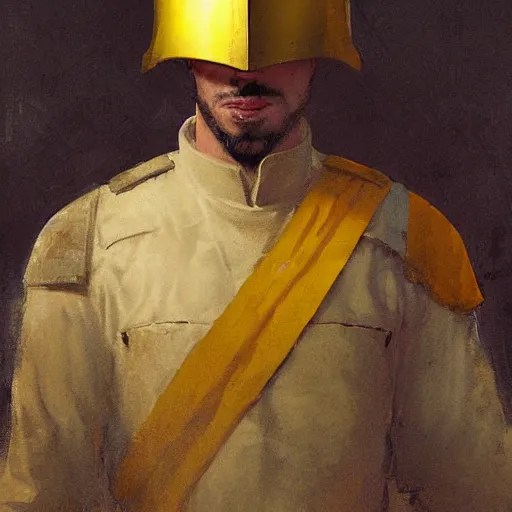 Image similar to Medium closeup young idealistic and pious male Imperial soldier wearing a black tabard with light yellow accents over a gambeson and a {perfect barbut helm}, by Raymond Swanland Greg Rutkowski Lise Deharm, {perfect face}, {perfect eyes}