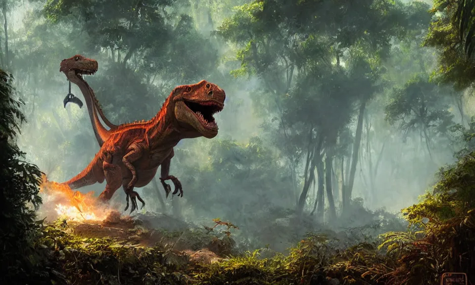 Image similar to a detailed painting of a fire-breathing dinosaur in the jungle, by James Gurney and Greg Rutkowski