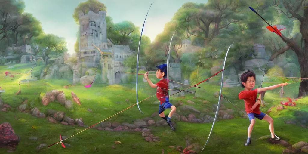 Image similar to a young boy practicing archery in the backyard of a castle, illustration digital art, matte painting, vivid colors, flat colors, cinematic, surreal, wide angle, made by chiho aoshima, trending on artstation, detailed