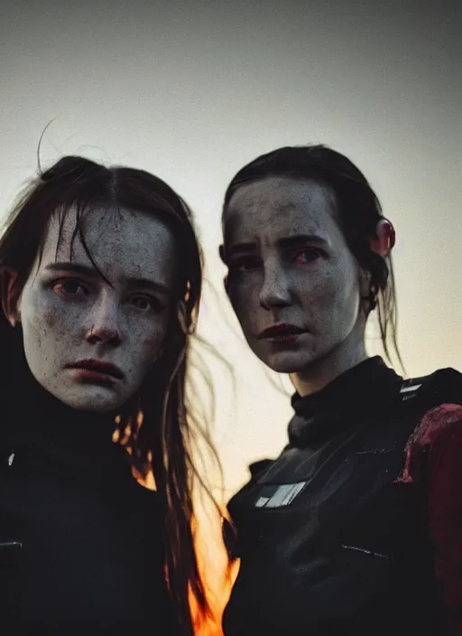 Image similar to cinestill 5 0 d photographic portrait of two loving female androids wearing rugged black techwear on a desolate plain with a red sky, extreme closeup, cyberpunk style, in front of a brutalist dark metal facility, dust storm, 8 k, hd, high resolution, 3 5 mm, f / 3 2, ultra realistic faces, ex machina