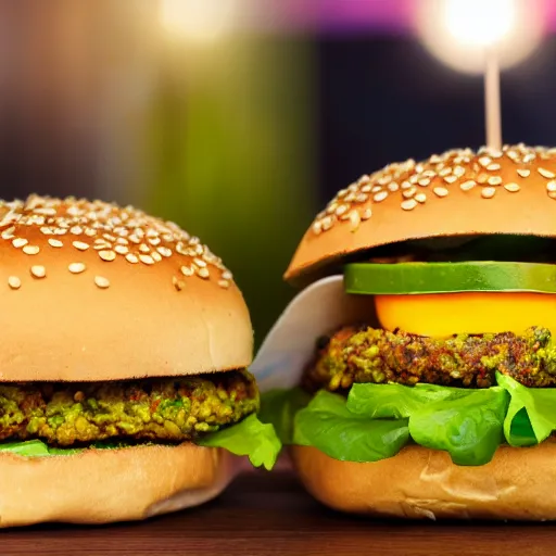 Image similar to vegan hamburger with guacamole topping crispy fried onion topping and fried egg topping, crispy buns, 8 k resolution, studio lighting, sharp focus, hyper - detailed