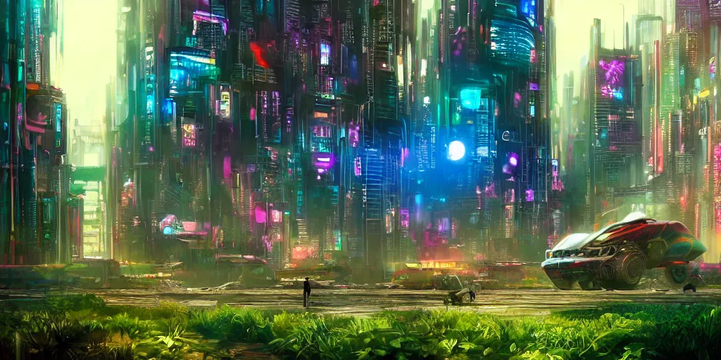 Image similar to a beautiful painting of a lush cyberpunk city with a single dinosaur grazing in the foreground by ridley scott, vivid colours, cinematic lighting, fine details, 8 k | | digital artwork made by greg rutswork, anna dittmann and lois van barlee, symmetrical neon rim light, anatomically correct