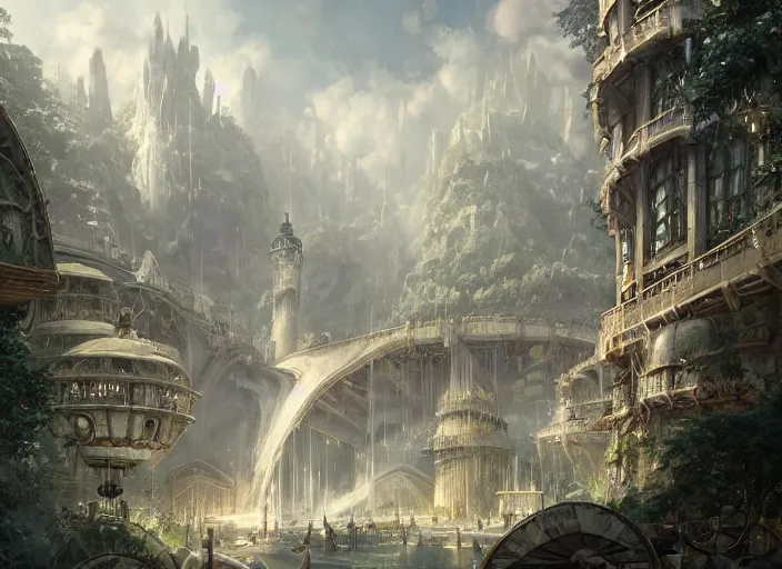 Prompt: Airship workshop inside a beautiful elven city made of white marble, anime, lush trees, fountain, a fantasy digital painting by Greg Rutkowski and James Gurney, trending on Artstation, highly detailed