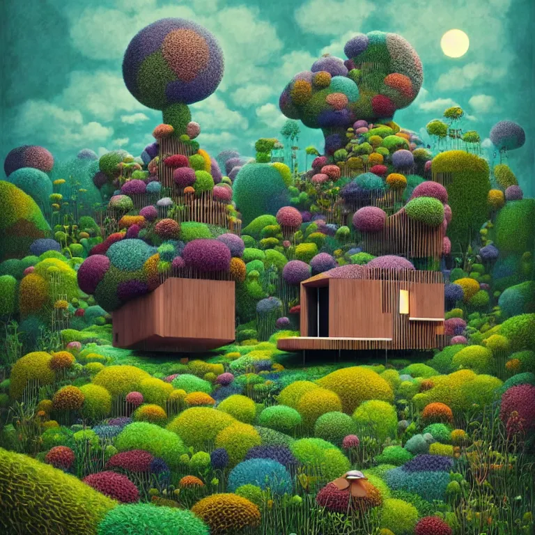 Image similar to tiny house by kengo kuma on island sea cloud surreal art by gediminas pranckevicius geof darrow jason naylor, very coherent, sharp, colorful high contrast, dark shadows, hard lighting, floralpunk flower green plants garden, inking etching screen print, hd, 8 k hyper detailed, octane render