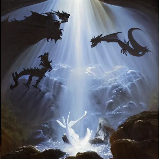 Image similar to oil painting of a dragon flying in the air near a cave with a waterfall in the center, light emanating from the waterfall leading to a big pool of water, dragon has black and white siberian tiger stripes, elegant, sharp focus, wide shot, clear, detailed, early renaissance