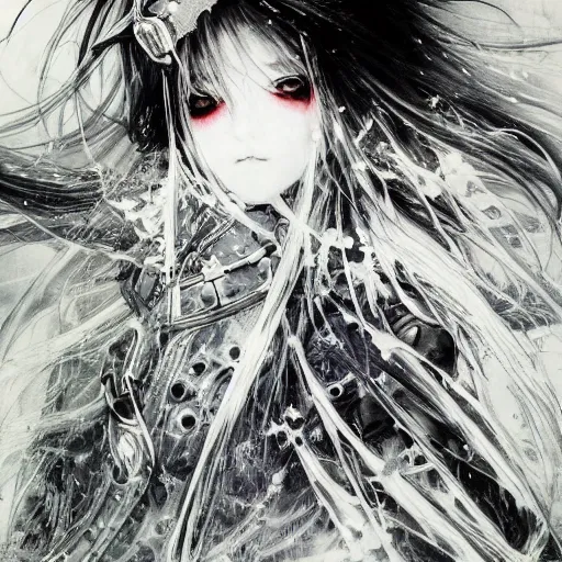 Image similar to Yoshitaka Amano blurred and dreamy illustration of an anime girl with pirate eye patch, wavy white hair and cracks on her face wearing Elden ring armour with the cape fluttering in the wind, abstract black and white patterns on the background, noisy film grain effect, highly detailed, Renaissance oil painting, weird portrait angle