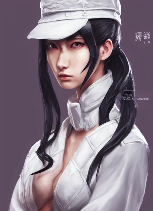 Prompt: a highly detailed illustration of fierce tall amazon messy ponytail black haired one armed delinquent japanese woman wearing uniform white cap wearing long white jacket with cape, muscular, intricate, elegant, highly detailed, centered, digital painting, artstation, concept art, smooth, sharp focus, league of legends concept art, wlop.