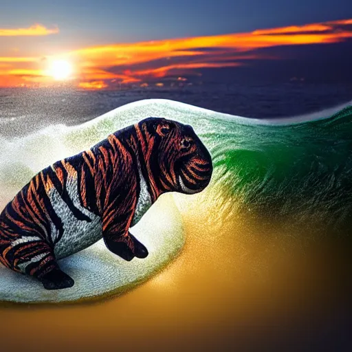 Prompt: a closeup photorealistic photograph of a cute smiling knitted tiger hippopotamus riding a large wave at sunset. surf in the background. professional capture. brightly lit scene. this 4 k hd image is trending on artstation, featured on behance, well - rendered, extra crisp, features intricate detail, epic composition and the style of unreal engine.