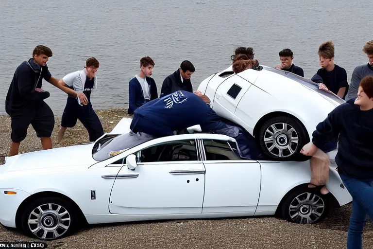 Image similar to A group of teenagers are behind a Rolls-Royce holding him by the boot and pushing him into a white lake from a small slide