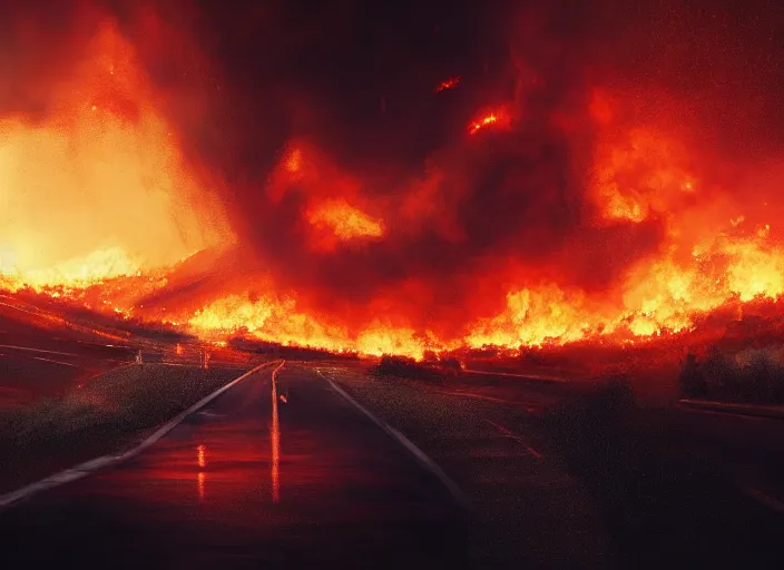 Image similar to beautiful and terrible fires of los angeles, atmoshperic, sharp focus, down road, ghotic, huge lips, trending on artstation, intricate details