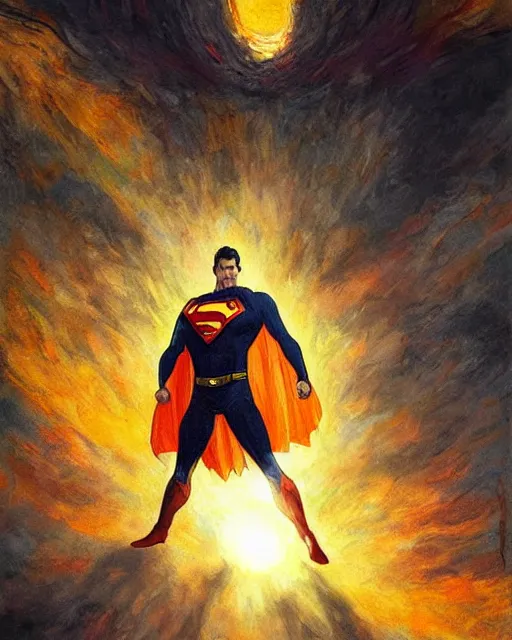 Image similar to superman emerging from the sun, elegant, orange yellow ethereal, horror, fantasy art by greg rutkowski and magali villeneuve and claude monet