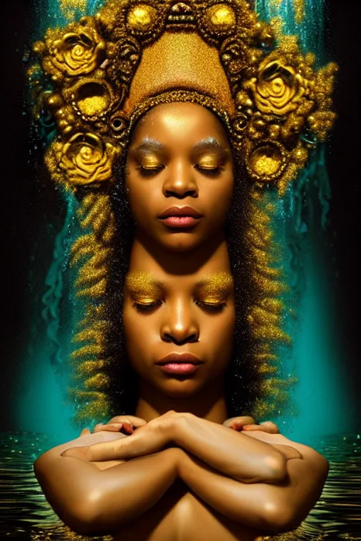 Prompt: hyperrealistic neo - rococo cinematic very expressive! black oshun goddess, open eyes, body in water, mirror dripping droplet!, gold flowers, highly detailed face, digital art masterpiece, smooth eric zener cam de leon dramatic pearlescent teal light, ground angle uhd 8 k, sharp focus