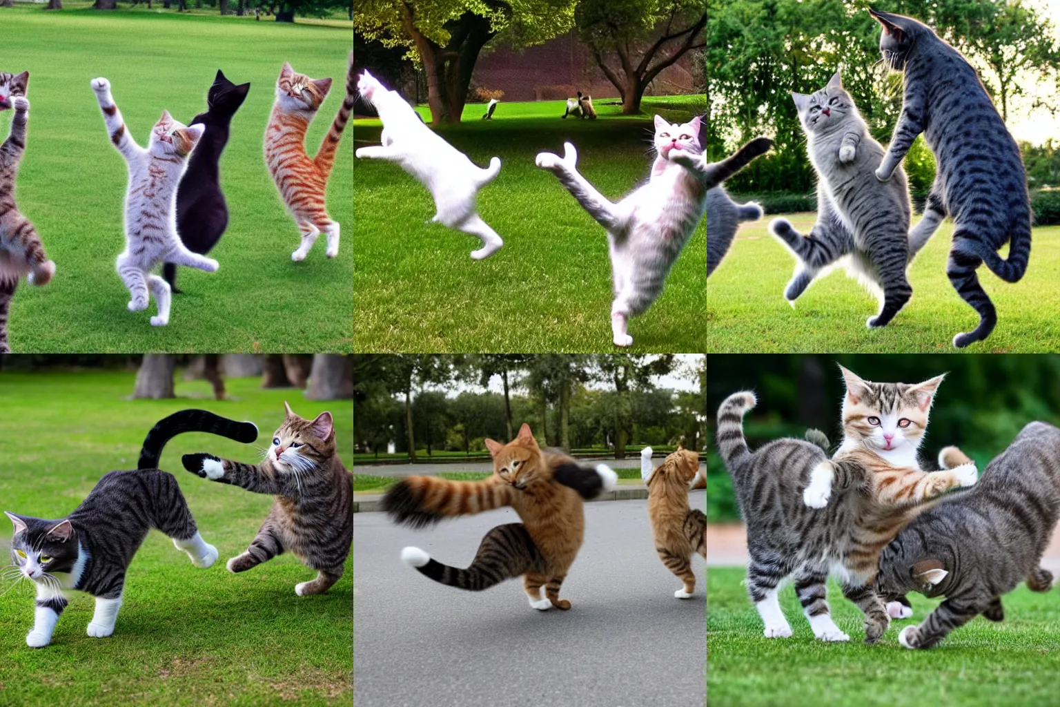 Prompt: cats dancing around a park