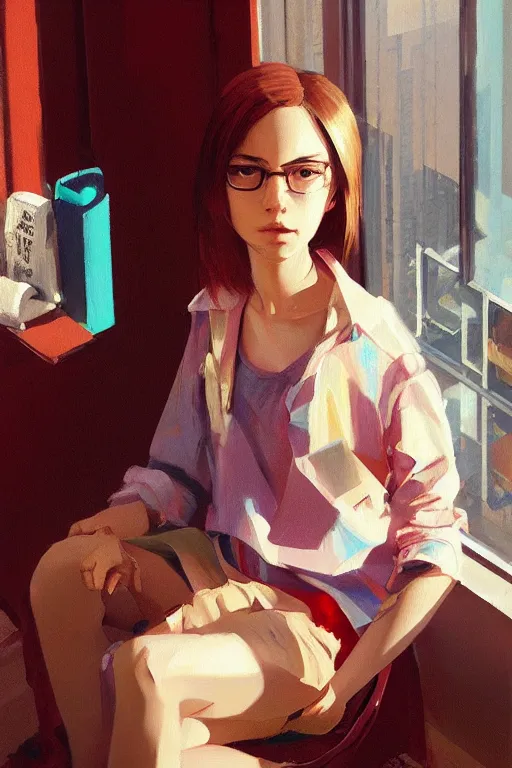 Image similar to A ultradetailed beautiful portrait panting of a stylish girl sitting in a messy modern apartment, bright sunny day, Oil painting, by Ilya Kuvshinov, Greg Rutkowski and Makoto Shinkai