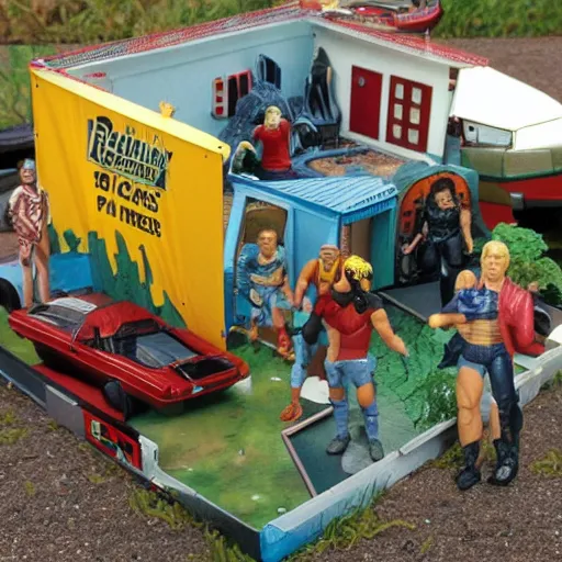 Image similar to 8 0's action figure playset of a trailer park with rednecks, realistic,