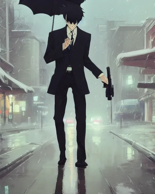 Image similar to a mystery anime of a man in a tuxedo holding a glock-19 walking down a street, gaslight, atmospheric lighting, rainy, foggy, gloomy. By Makoto Shinkai, Stanley Artgerm Lau, WLOP, Rossdraws, James Jean, Andrei Riabovitchev, Marc Simonetti, krenz cushart, Sakimichan, D&D trending on ArtStation, digital art.