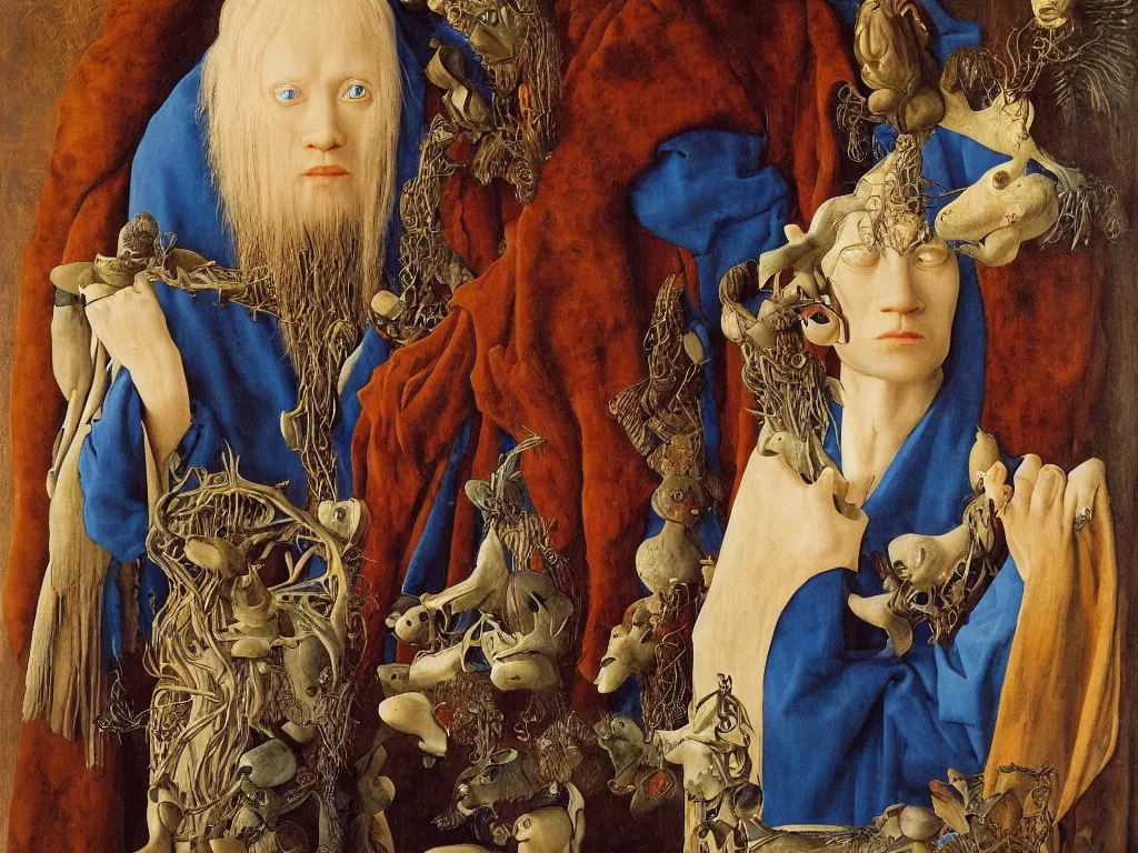 Prompt: Portrait of albino mystic with blue eyes, with beautiful exotic African wood sculpture. Painting by Jan van Eyck, Audubon, Rene Magritte, Agnes Pelton, Max Ernst, Walton Ford