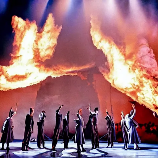 Image similar to award winning Production photo of the Hindenburg disaster the musical on broadway, dancing, singing, costumes by Julie Taymor, set design by Julie Taymor