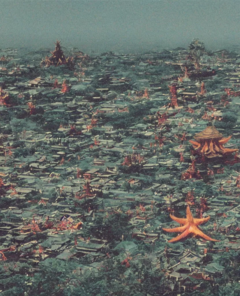 Prompt: a goryeo budhist icon of ONE giant Kaiju Starfish Monster over a traditional village, minimal cinematography by Akira Kurosawa, hyperrealistic movie filmstill, single subject, monster over city, dramatic minimal composition