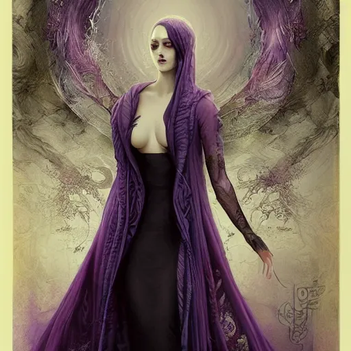 Image similar to by tom bagshaw, photorealistic body shot of absurdities and mushrooms, very beautiful curvy full gothic long dress fantasy, ultra deep fog, purple black lustrous thin haircut, symmetry accurate features, focus, very intricate ultrafine details, award winning masterpiece