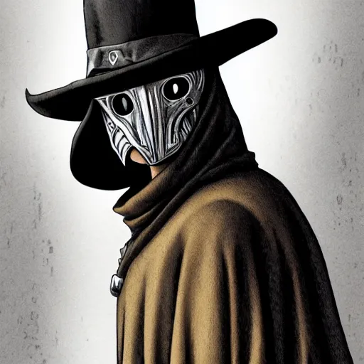 Image similar to a portrait of a plague doctor gunslinger, dark fantasy, horror, western, hell, ultrafine detailed digital pencil art by takeshi obata and mike mignola, death note style, colored by greg rutkowski, symmetric body, cgsociety, sharp focus, detailed face, looking at the camera