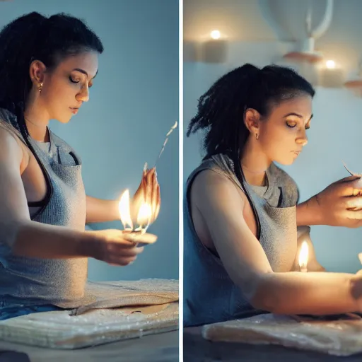 Image similar to portrait of yogawoman making homemade candles, photoshot, hyper detailed, 8k,