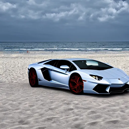 Image similar to A beautiful silver Lamborghini aventador on the beach, 8k, ray tracing reflections