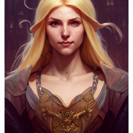 Image similar to an epic fantasy comic book style portrait painting of a young blonde girl thief, d & d, fantasy, joyful smirk, intricate, elegant, digital painting, artstation, concept art, matte, sharp focus, illustration, art by artgerm and greg rutkowski and alphonse mucha