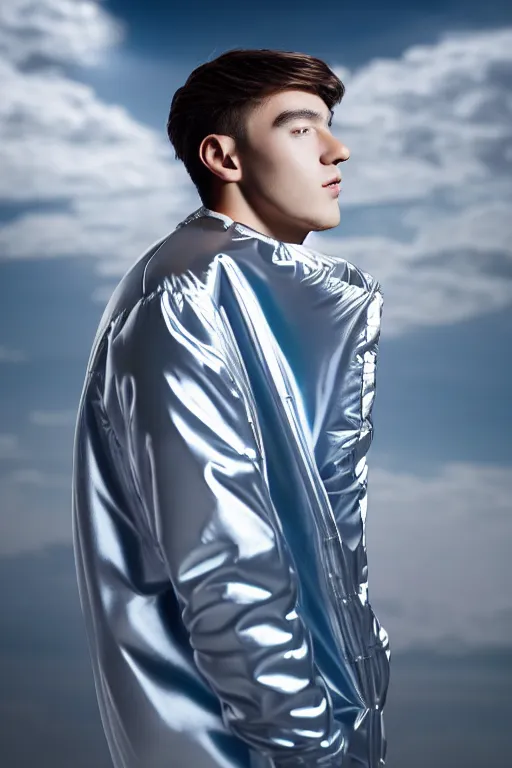 Image similar to un ultra high definition studio quality photographic art portrait of a young man standing on the rooftop of a british apartment building wearing soft baggy inflatable padded silver iridescent pearlescent clothing. three point light. extremely detailed. golden ratio, ray tracing, volumetric light, shallow depth of field. set dressed.