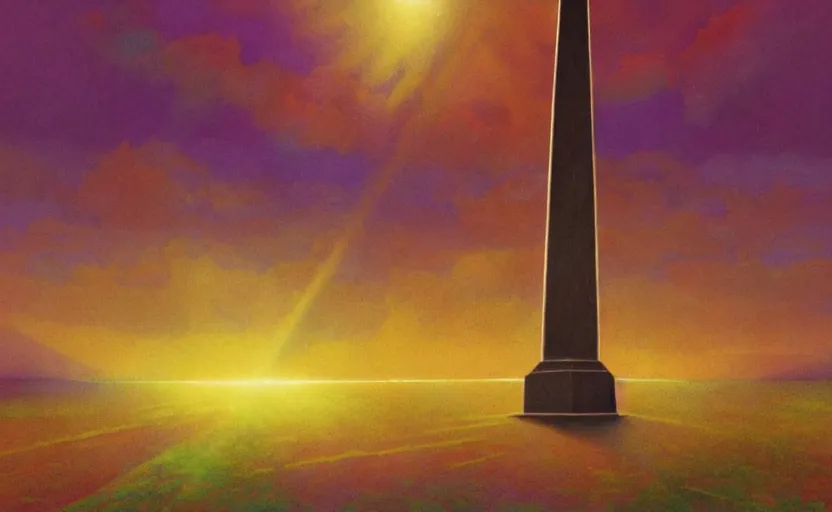 Prompt: by Moebius , landscape of mystic dark cult, monumental giant obelisk, sun light through dark clouds, purple+red+yellow colours, high quality details, one point perspective, denoise deep depth of field